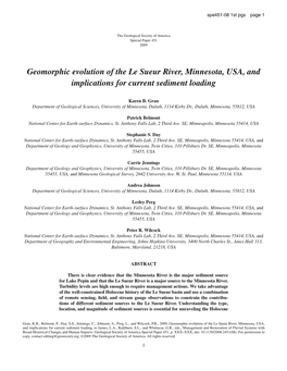 Geomorphic Evolution of the Le Sueur River, Minnesota, USA, and Implications for Current Sediment Loading