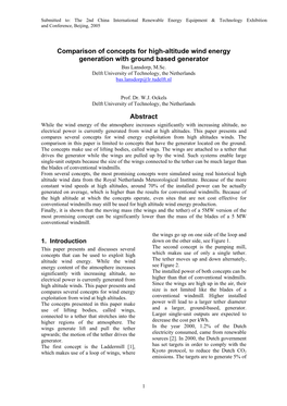 Comparison of Concepts for High-Altitude Wind Energy Generation with Ground Based Generator Bas Lansdorp, M.Sc