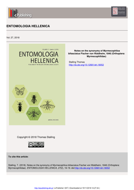 Notes on the Synonymy of Myrmecophilus Bifasciatus Fischer Von Waldheim, 1846 (Orthoptera: Myrmecophilidae)