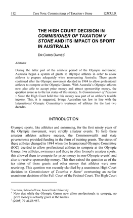 The High Court Decision in Commisioner of Taxation V Stone and Its Impact on Sport in Australia