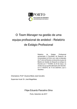 O Team Manager Na Gestão De Uma Equipa Profissional De Andebol - Relatório De Estágio Profissional