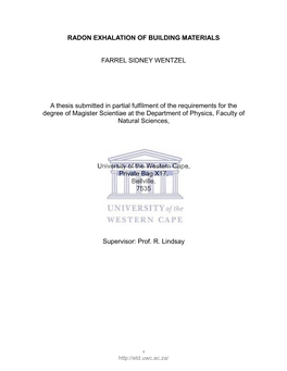 RADON EXHALATION of BUILDING MATERIALS FARREL SIDNEY WENTZEL M.Sc Full Thesis, Department of Physics, University of the Western Cape