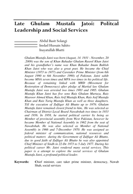 Late Ghulam Mustafa Jatoi: Politcal Leadership and Social Services