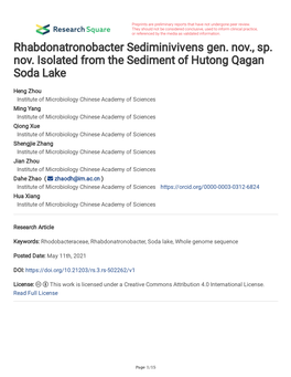 Rhabdonatronobacter Sediminivivens Gen. Nov., Sp. Nov. Isolated from the Sediment of Hutong Qagan Soda Lake