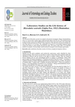 Laboratory Studies on the Life History of Hierodula Ventralis Giglio-Tos