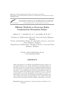 Efficient Methods to Overcome Rabin Cryptosystem Decryption Failure