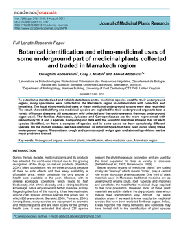 Botanical Identification and Ethno-Medicinal Uses of Some Underground Part of Medicinal Plants Collected and Traded in Marrakech Region