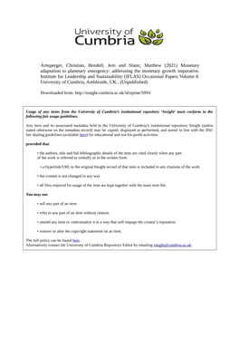 Arnsperger, Christian, Bendell, Jem and Slater, Matthew (2021) Monetary Adaptation to Planetary Emergency: Addressing the Monetary Growth Imperative