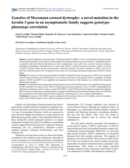 A Novel Mutation in the Keratin 3 Gene in an Asymptomatic Family Suggests Genotype- Phenotype Correlation