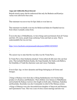Anga and Adhiratha Royal Descent Brijesh Raised a Query That He Understood That Only the Brahmin and Ksatriya Varnas Were Allowed to Bear Arms