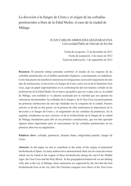 La Devoción a La Sangre De Cristo Y El Origen De Las Cofradías Penitenciales a Fines De La Edad Media: El Caso De La Ciudad De Málaga