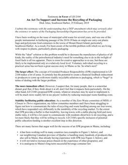 An Act to Support and Increase the Recycling of Packaging Dick Atlee, Southwest Harbor, 25 February 2019