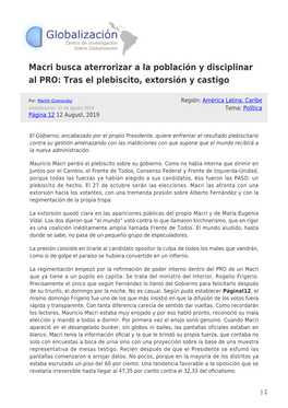 Macri Busca Aterrorizar a La Población Y Disciplinar Al PRO: Tras El Plebiscito, Extorsión Y Castigo