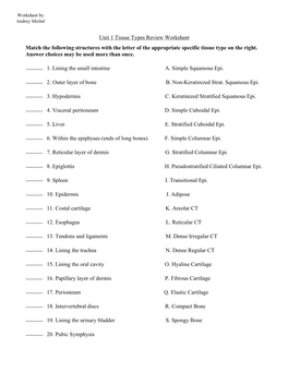 Unit 1 Tissue Types Review Worksheet Match the Following Structures with the Letter of the Appropriate Specific Tissue Type on the Right