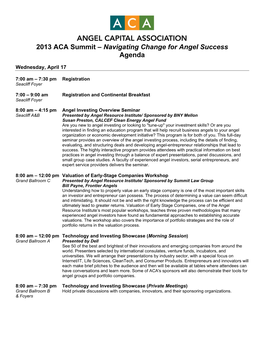 2013 ACA Summit – Navigating Change for Angel Success Agenda