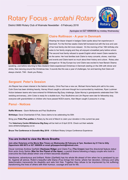 Rotary Focus - Arotahi Rotary District 9980 Rotary Club of Waimate Newsletter - 8 February 2018