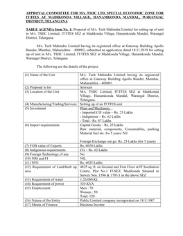 APPROVAL COMMITTEE for M/S. TSIIC LTD, SPECIAL ECONOMIC ZONE for IT/ITES at MADIKONDA VILLAGE, HANAMKONDA MANDAL, WARANGAL DISTRICT, TELANGANA