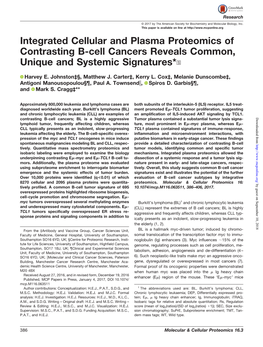 Integrated Cellular and Plasma Proteomics of Contrasting B-Cell Cancers Reveals Common, Unique and Systemic Signatures*□S