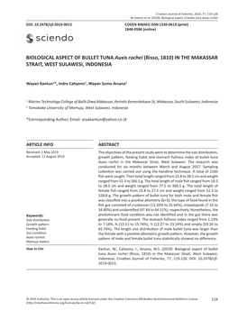 BIOLOGICAL ASPECT of BULLET TUNA Auxis Rochei (Risso, 1810) in the MAKASSAR STRAIT, WEST SULAWESI, INDONESIA