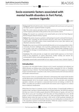Socio-Economic Factors Associated with Mental Health Disorders in Fort Portal, Western Uganda