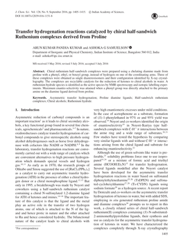 Transfer Hydrogenation Reactions Catalyzed by Chiral Half-Sandwich Ruthenium Complexes Derived from Proline