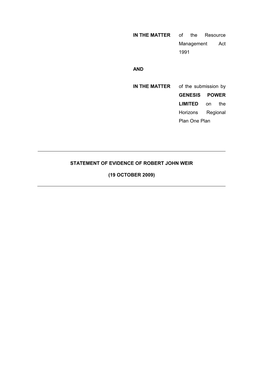 IN the MATTER of the Resource Management Act 1991 and in the MATTER of the Submission by GENESIS POWER LIMITED on the Horizons