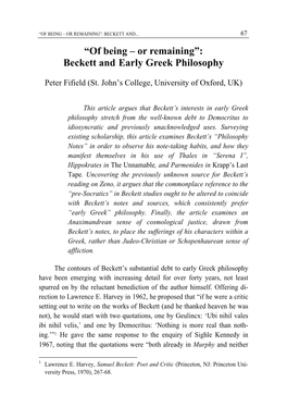“Of Being – Or Remaining”: Beckett And... Early Greek Philosophy