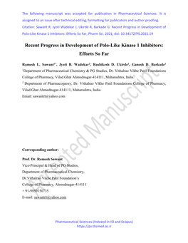 Recent Progress in Development of Polo-Like Kinase 1 Inhibitors: Efforts So Far, Pharm Sci