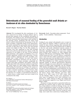 Determinants of Seasonal Feeding of the Generalist Snail Arianta Ar- Bustorum at Six Sites Dominated by Senecioneae