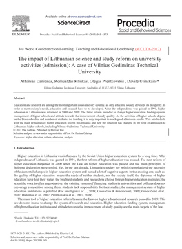 The Impact of Lithuanian Science and Study Reform on University Activities (Admission): a Case of Vilnius Gediminas Technical University