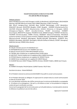 Conseil Communautaire En Date Du 12 Mars 2018 a La Salle Des Fêtes De Sauvagney Délégués Présents : Mmes VEFOND (Courcuire