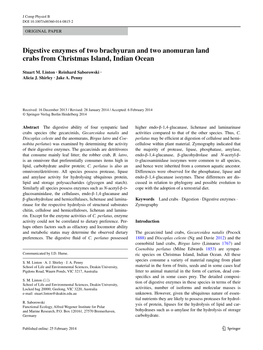 Digestive Enzymes of Two Brachyuran and Two Anomuran Land Crabs from Christmas Island, Indian Ocean