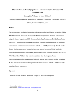 Microstructure, Mechanical Properties and Corrosion of Friction Stir Welded 6061 Aluminum Alloy