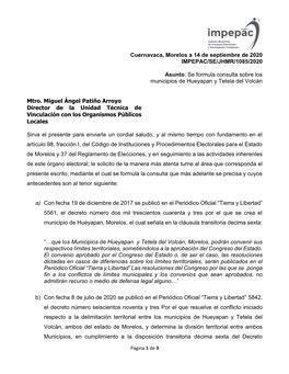 Cuernavaca, Morelos a 14 De Septiembre De 2020 IMPEPAC/SE/JHMR/1085/2020