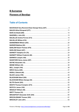 B Surnames Pioneers of Bendigo Table of Contents