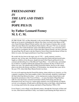 FREEMASONRY in the LIFE and TIMES of POPE PIUS IX by Father Leonard Feeney M