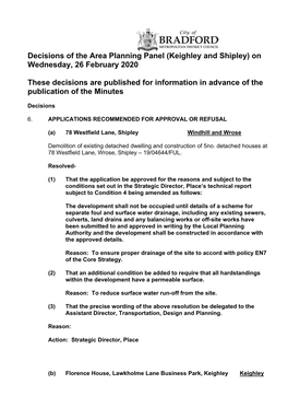 Decisions of the Area Planning Panel (Keighley and Shipley) on Wednesday, 26 February 2020