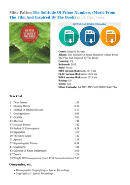 Mike Patton the Solitude of Prime Numbers (Music from the Film and Inspired by the Book) Mp3, Flac, Wma