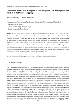 Intermodal Road-Roro Transport in the Philippines, Its Development and Position in the Domestic Shipping