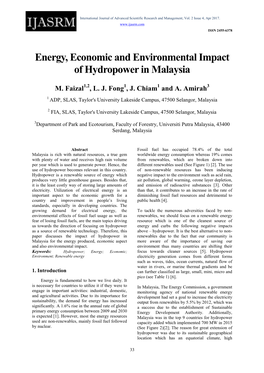 Energy, Economic and Environmental Impact of Hydropower in Malaysia