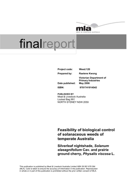 Feasibility of Biological Control of Solanaceous Weeds of Temperate Australia