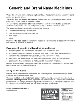 Generic and Brand Name Medicines