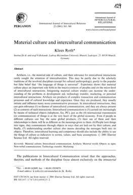 Material Culture and Intercultural Communication Klaus Roth* Institut Für Dt