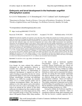 Embryonic and Larval Development in the Freshwater Angelfish (Pterophyllum Scalare)