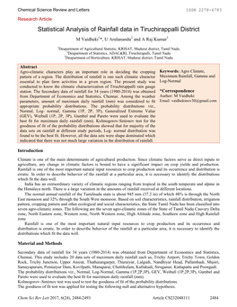 Statistical Analysis of Rainfall Data in Tiruchirappalli District M Vaidheki1*, U Arulanandu2 and a Raj Kumar3