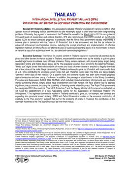 Thailand International Intellectual Property Alliance (Iipa) 2013 Special 301 Report on Copyright Protection and Enforcement