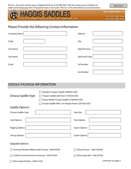 Please Provide the Following Contact Information SADDLE PACKAGE INFORMATION