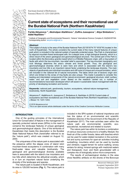 Current State of Ecosystems and Their Recreational Use of the Burabai National Park (Northern Kazakhstan)