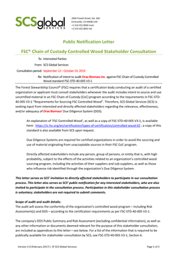Public Notification Letter FSC® Chain of Custody Controlled Wood Stakeholder Consultation