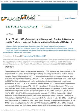 JNJ‐4178 (AL‐335, Odalasvir, and Simeprevir) for 6 Or 8 Weeks in Hepatitis C Virus‐Infected Patients Without Cirrhosis: OMEGA‐1 - Zeuzem - - Hepat